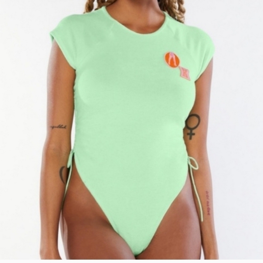 Savage X Fenty Size Large Lime Green Terry Cloth Short Sleeve Thong Bodysuit